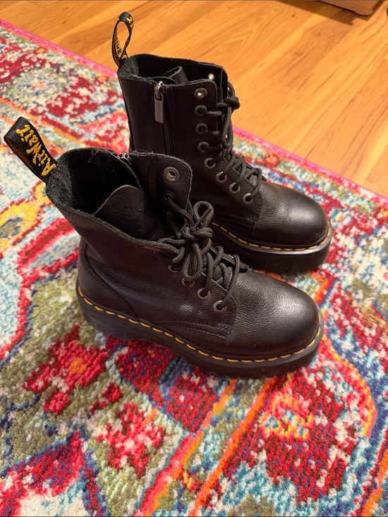 Dr. Martens Shoes - Dr. Martens Black Leather Platform Lace-Up Boots with Yellow Stitching